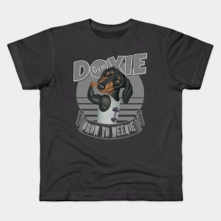 Fun Doxie in Doxie Gym to Grow Yo Weenie with silver trim Kids T-Shirt